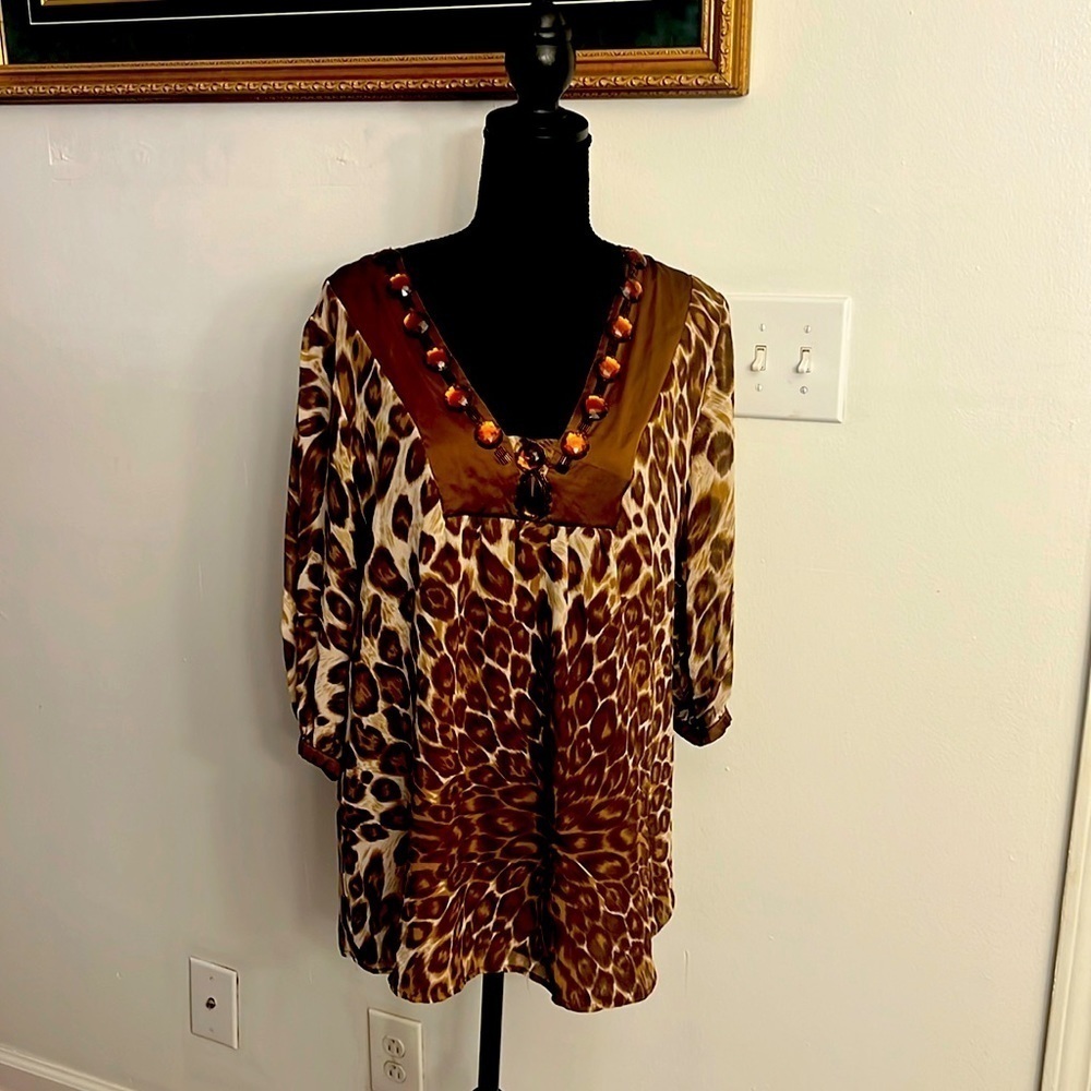 INC Women's 100% Silk Embellished Rhinestone Animal Print Tunic, Sz. 12